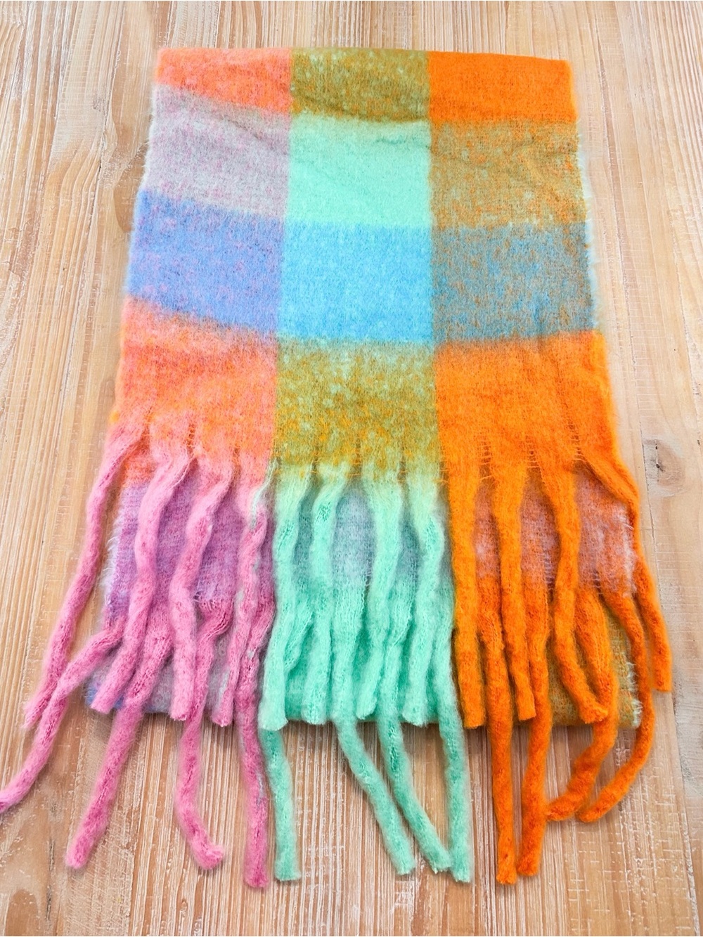 NWOT Boutique Pastels & Neon Plaid Oversized Brushed Fringe Scarf